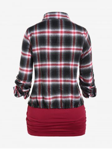 Plus Size Roll Up Sleeve Drawstring Plaid Shirt and Ruched Camisole Set
