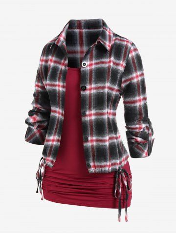 Plus Size Roll Up Sleeve Drawstring Plaid Shirt and Ruched Camisole Set