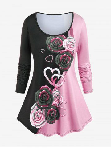 Camiseta de Talla Extra con Estampado de Rosa y Corazón de Color Bloque - LIGHT PINK - 5X | US 30-32