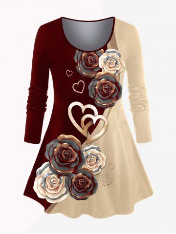 Camiseta de Talla Extra con Estampado de Rosa y Corazón de Color Bloque - DEEP RED - 1X | US 14-16