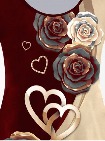 Plus Size Colorblock Rose Heart Print Valentines T-shirt