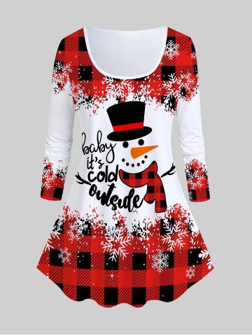T-shirt de Noël Graphique Bonhomme de Neige à Carreaux de Grande Taille - RED - M | US 10