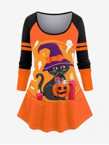 Halloween Raglan Sleeve Cat Pumpkin Print T-shirt