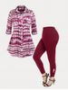 Tie Dye Roll Tab Sleeve Pockets Shirt and Cutout Twist Leggings Plus Size Fall Outfit -  