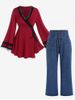 Plus Size Lace Up Flare Sleeves Surplice Tee and Wide Leg Jeans Outfit -  