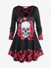 Plus Size Halloween Floral Skull Print Crisscross T-shirt -  