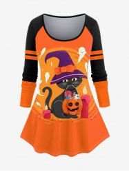Halloween Raglan Sleeve Cat Pumpkin Print T-shirt -  