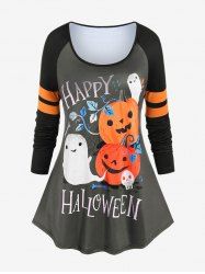 Halloween Raglan Sleeve Pumpkin Ghost Print Tee -  