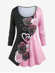 Plus Size Colorblock Rose Heart Print T-shirt -  