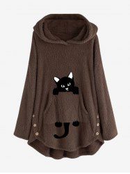 Plus Size Cat Print Pockets High Low Fluffy Hoodie -  