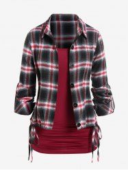 Plus Size Roll Up Sleeve Drawstring Plaid Shirt and Ruched Camisole Set -  
