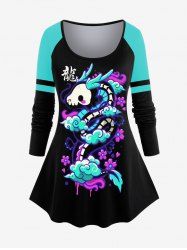 Plus Size Oriental Dragon Printed Colorblock Raglan Sleeves T-shirt -  