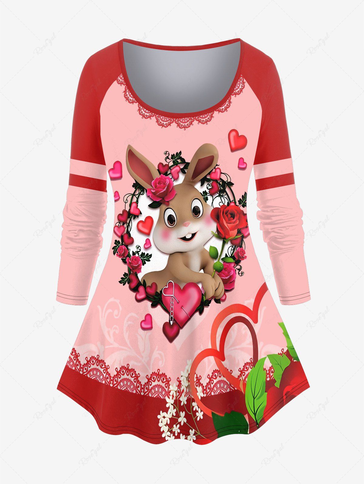 Sale Plus Size Rabbit Rose Print Raglan Sleeve T-shirt  