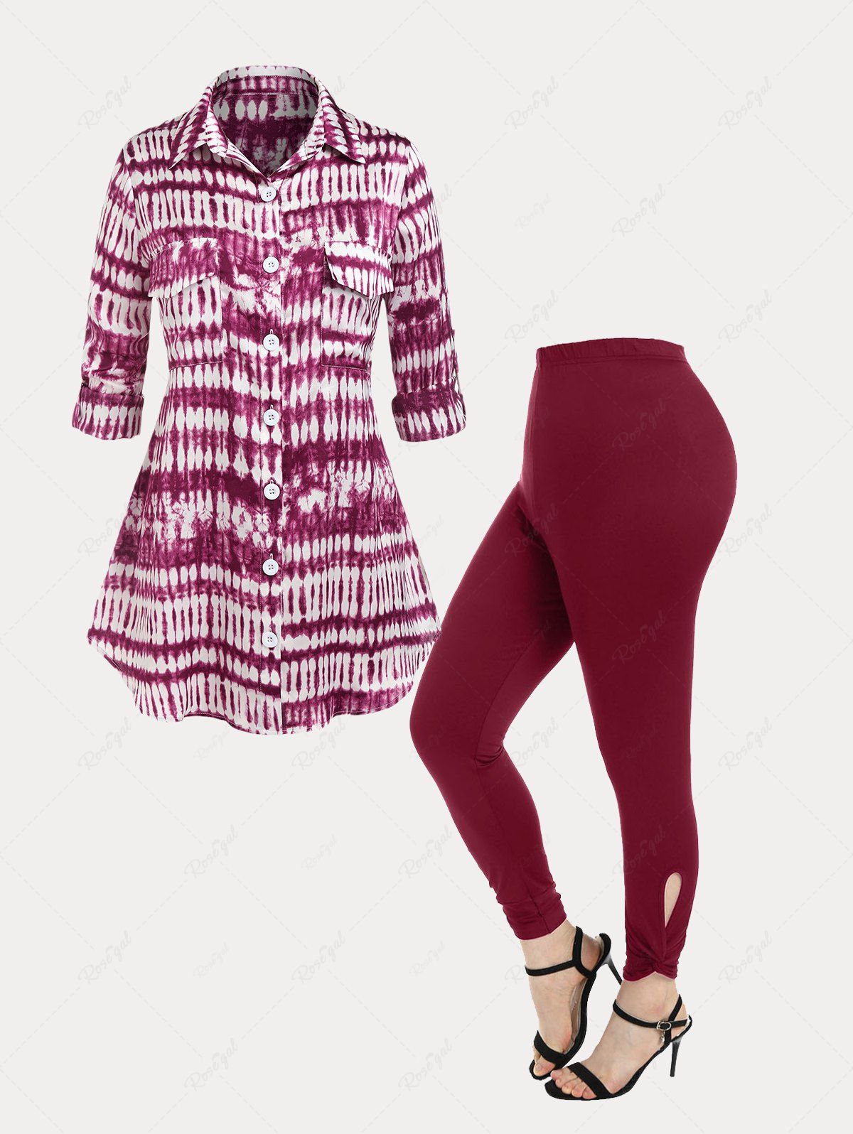 Discount Tie Dye Roll Tab Sleeve Pockets Shirt and Cutout Twist Leggings Plus Size Fall Outfit  