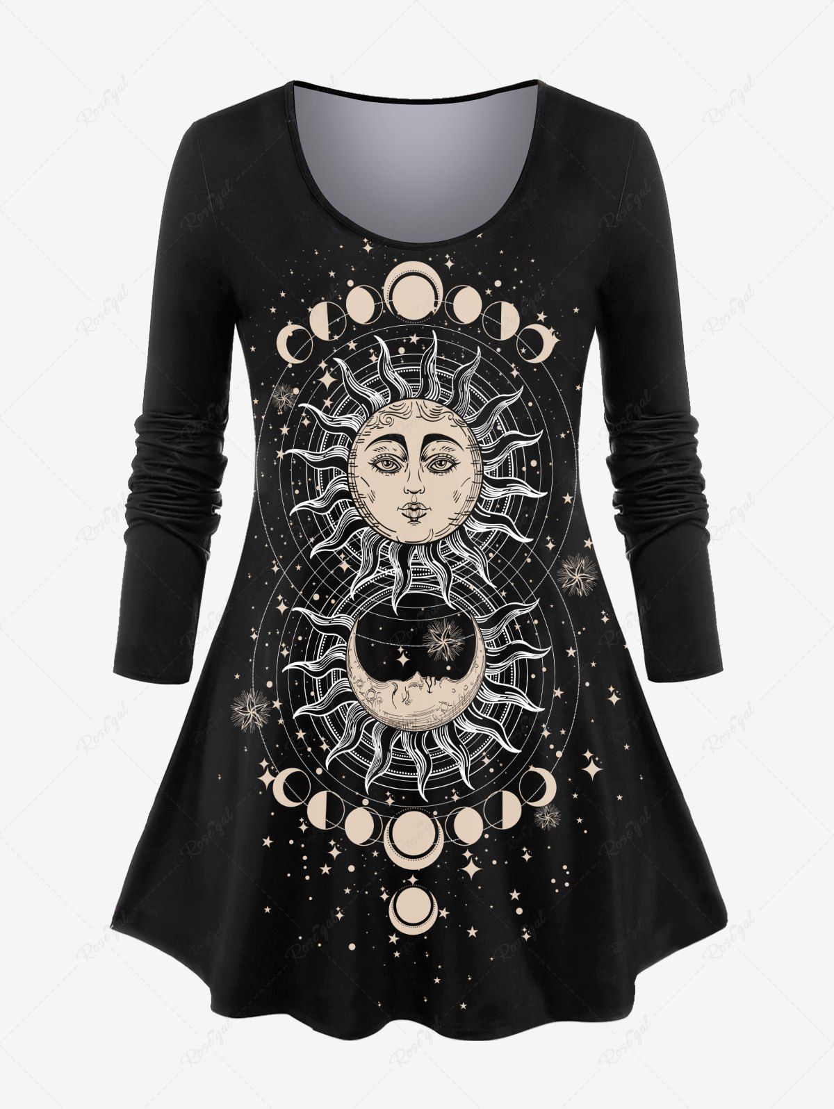 Best Plus Size Long Sleeve Sun Moon Star Print T-shirt  