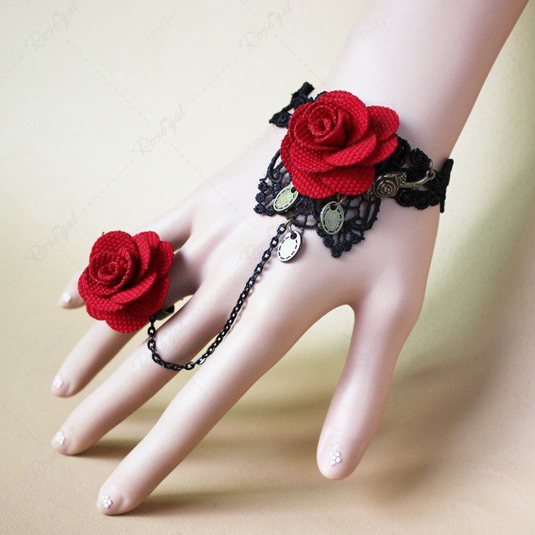Bague Courte en Dentelle Motif Roses Style Gothique Vintage Noir 
