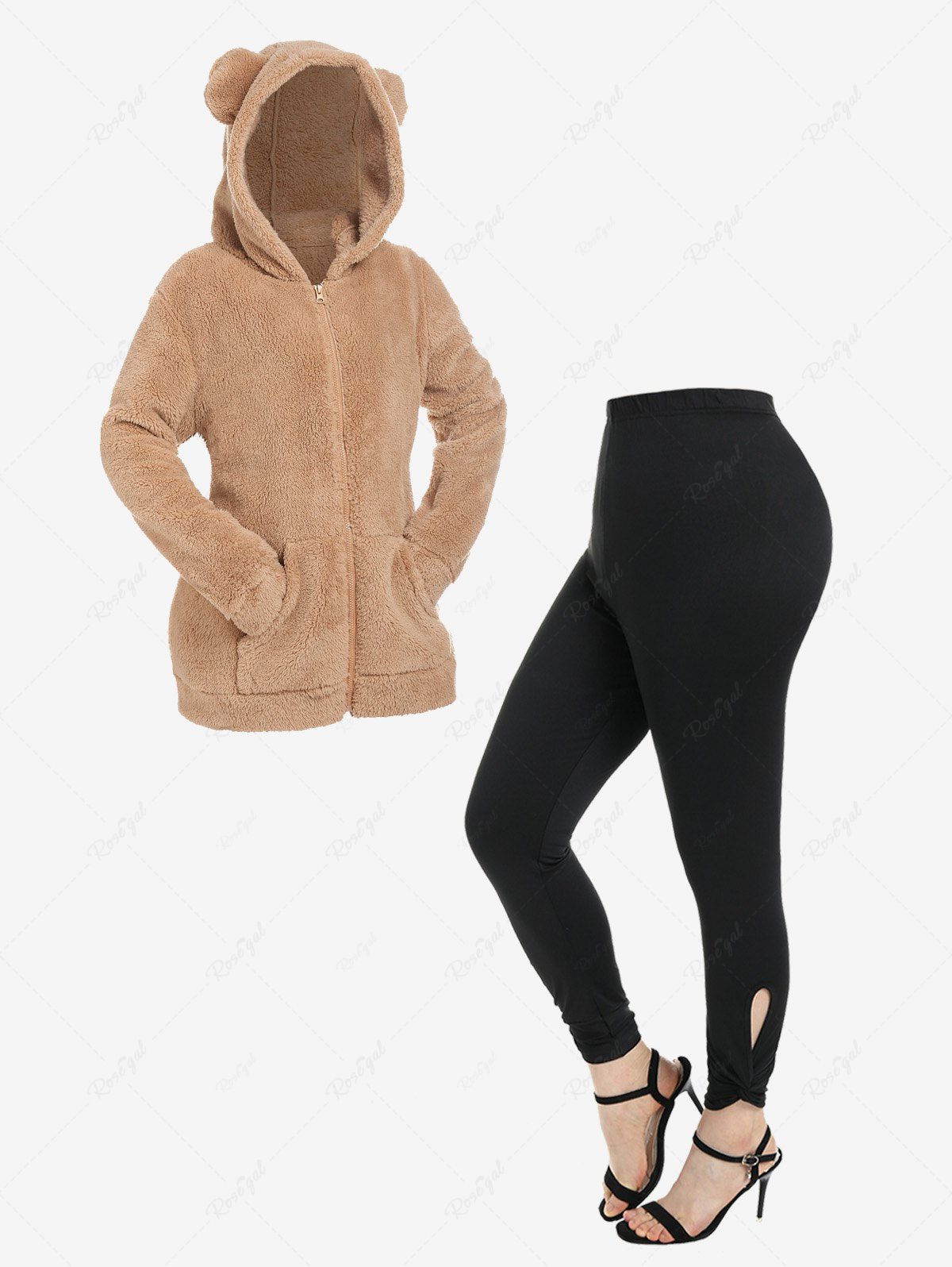 Hot Hooded Pockets Faux Fur Coat and High Rise Cutout Twist Leggings Plus Size Outerwear Outfit  