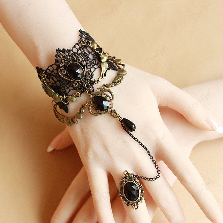 Discount Gothic Retro Angel Wings Lace Finger Ring Bracelet  