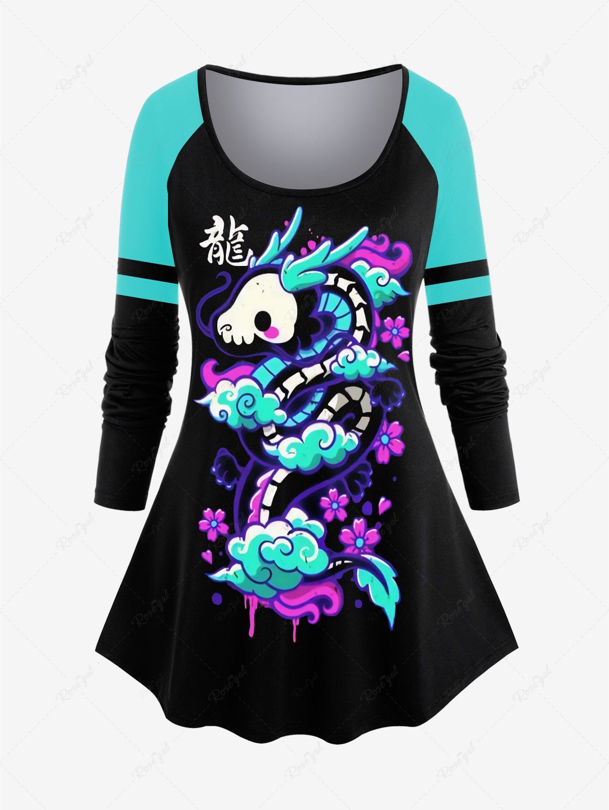 Outfits Plus Size Oriental Dragon Printed Colorblock Raglan Sleeves T-shirt  