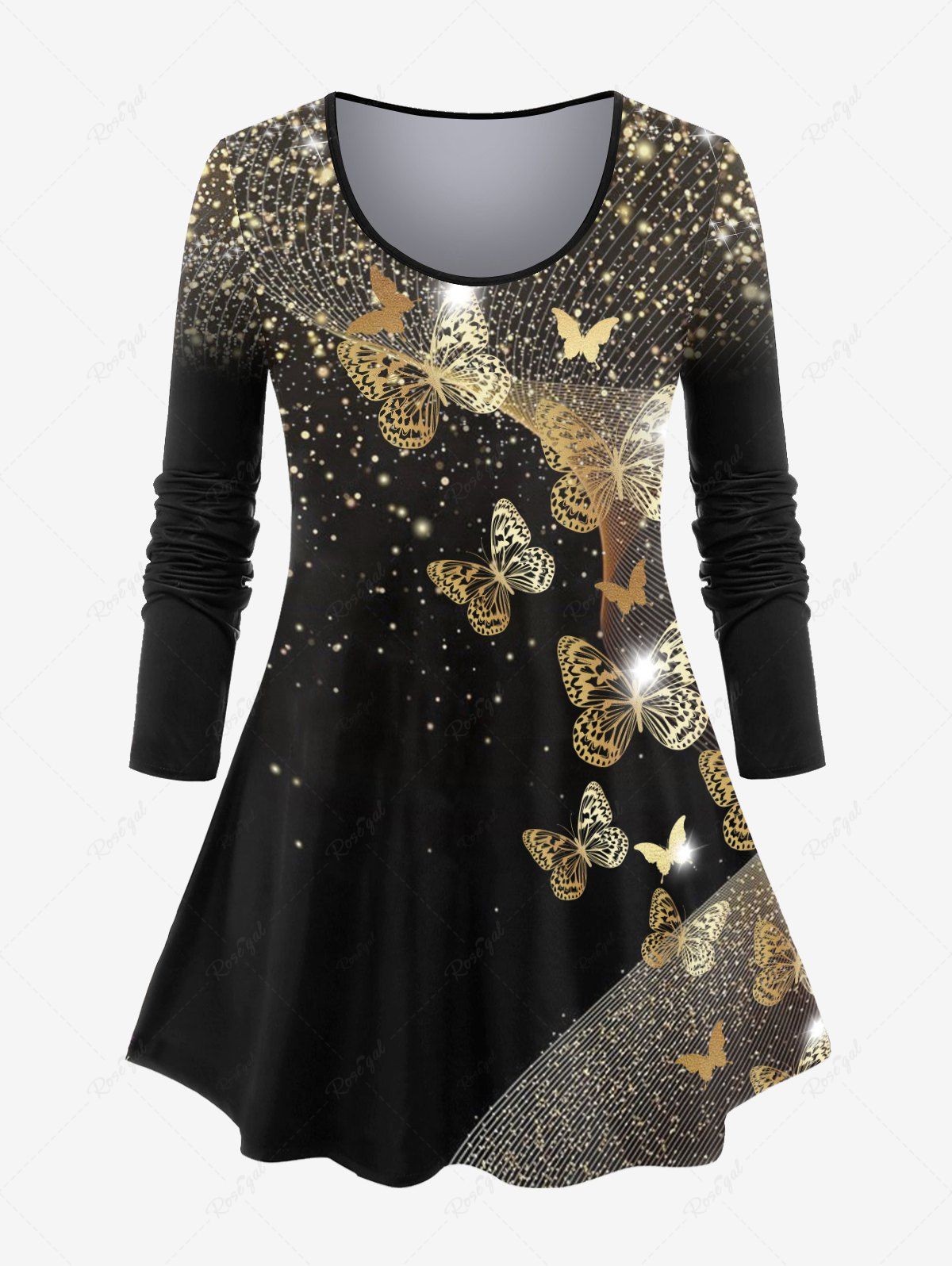 Latest Plus Size 3D Sparkles Butterfly Printed Long Sleeves Tee  