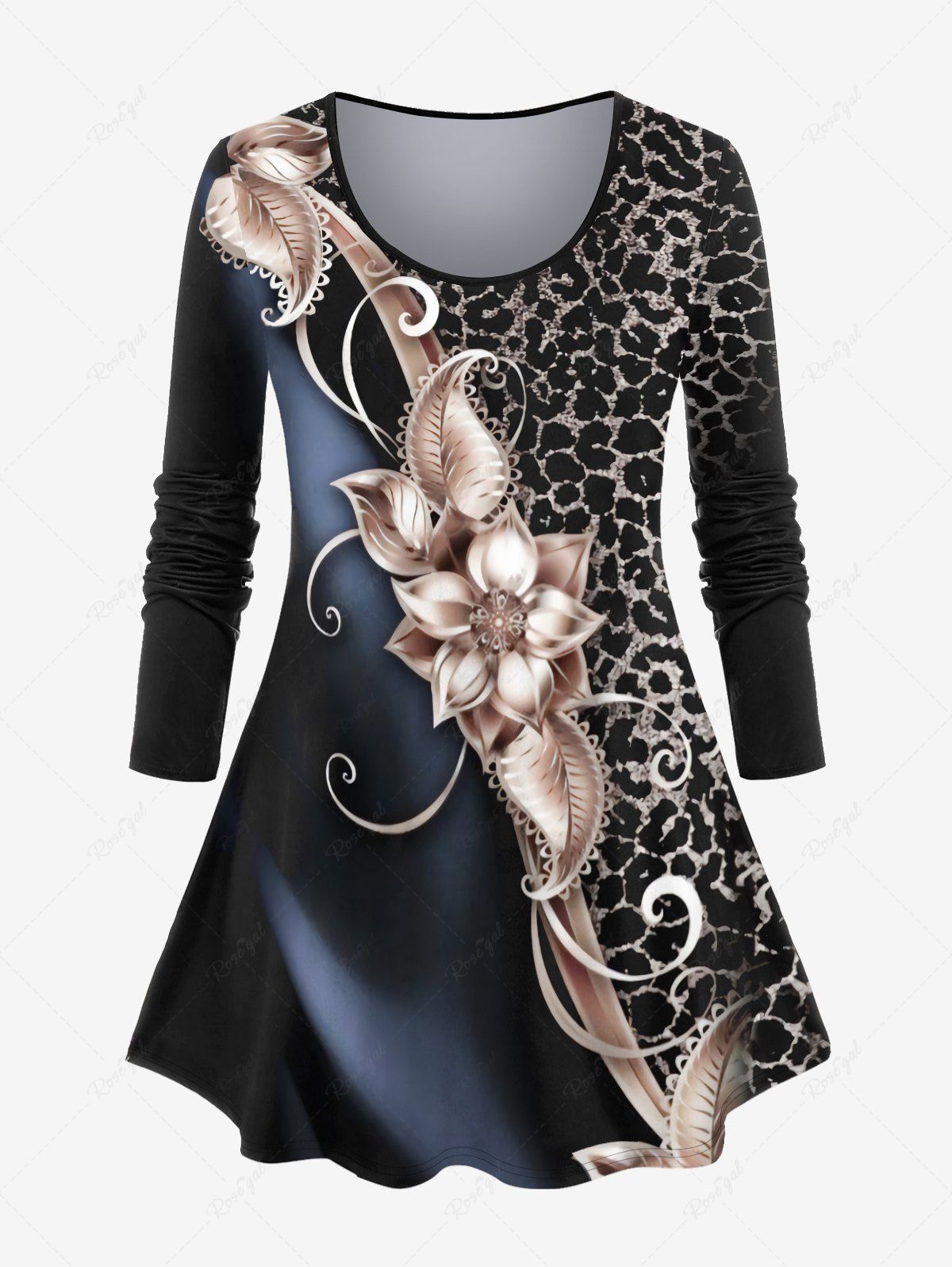 Outfit Plus Size Leopard Print Colorblock Long Sleeves Tee  