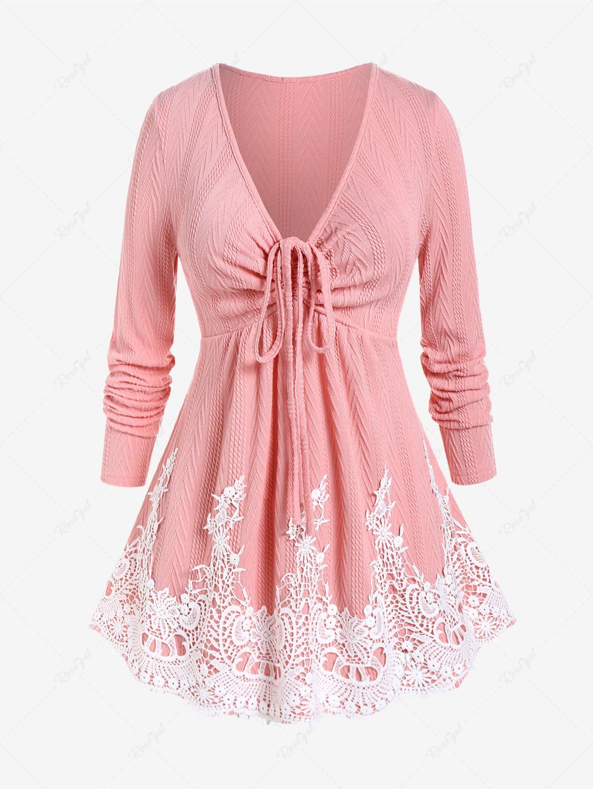 Fashion Plus Size Contrast Lace Panel Cable Knit Tie Plunging Pullover Jumper  