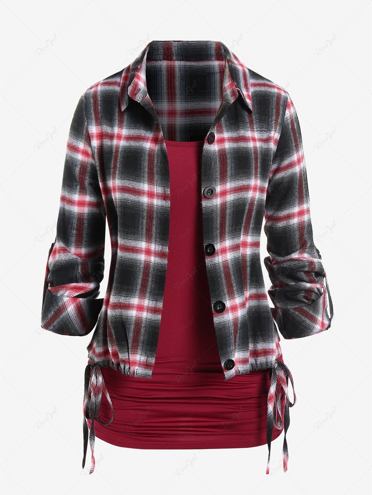 Shop Plus Size Roll Up Sleeve Drawstring Plaid Shirt and Ruched Camisole Set  