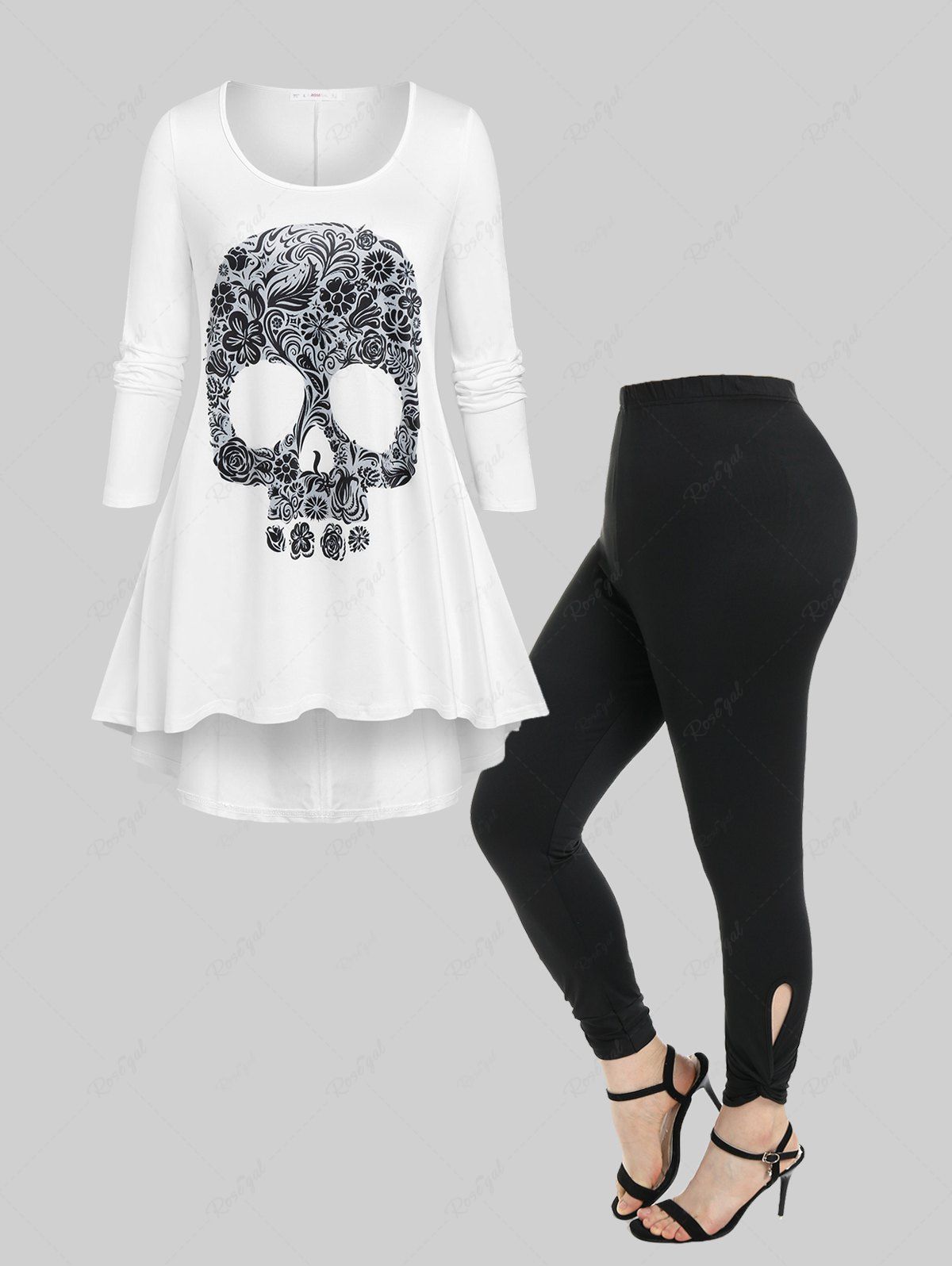 Cheap Skull Print High Low Tee and Cutout Twist Skinny Leggings Plus Size Outfit  