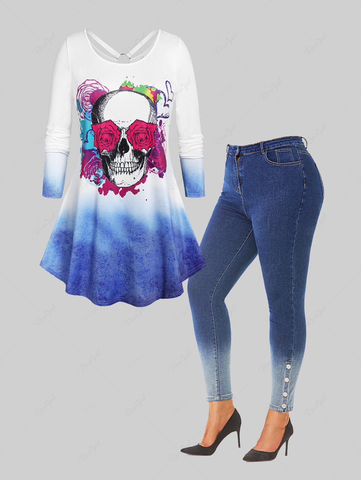 Outfits Plus Size Rose Skull Print Ombre Tunic Tee and Pencil Jeans Outfit  