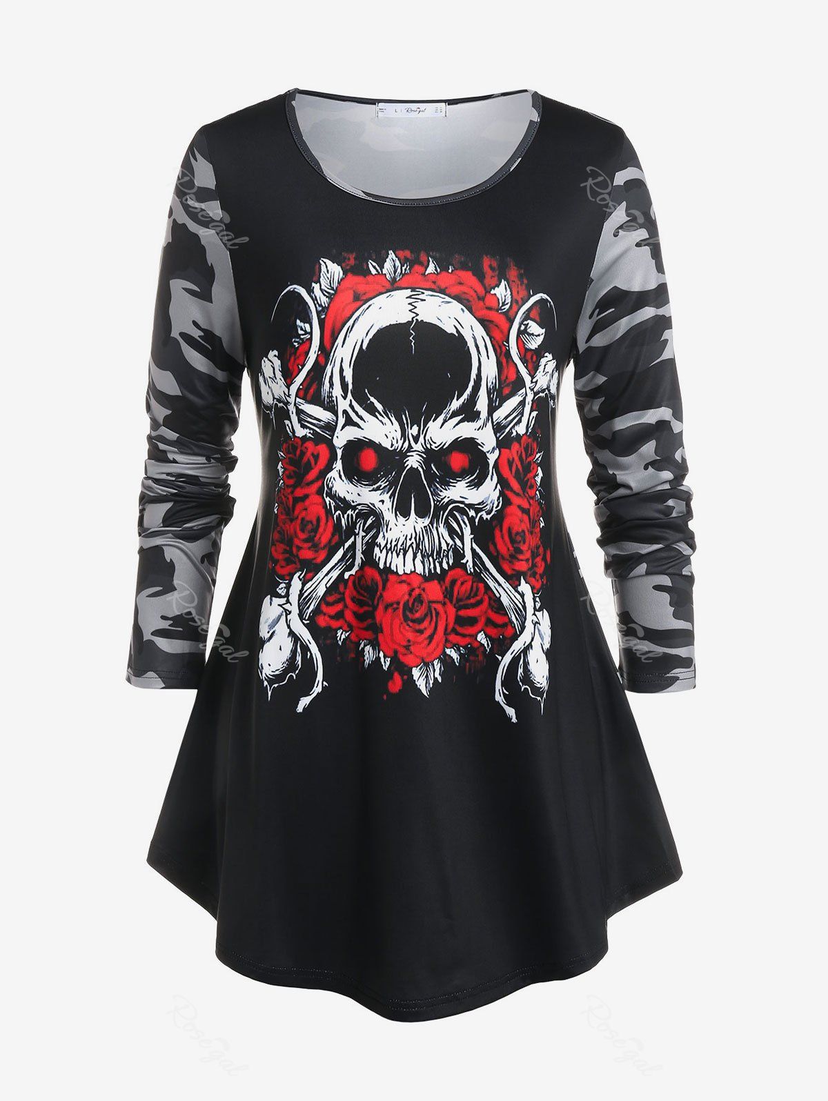 T-Shirt à Imprimé Crânes et Roses D'Halloween Grande-Taille Noir 4X