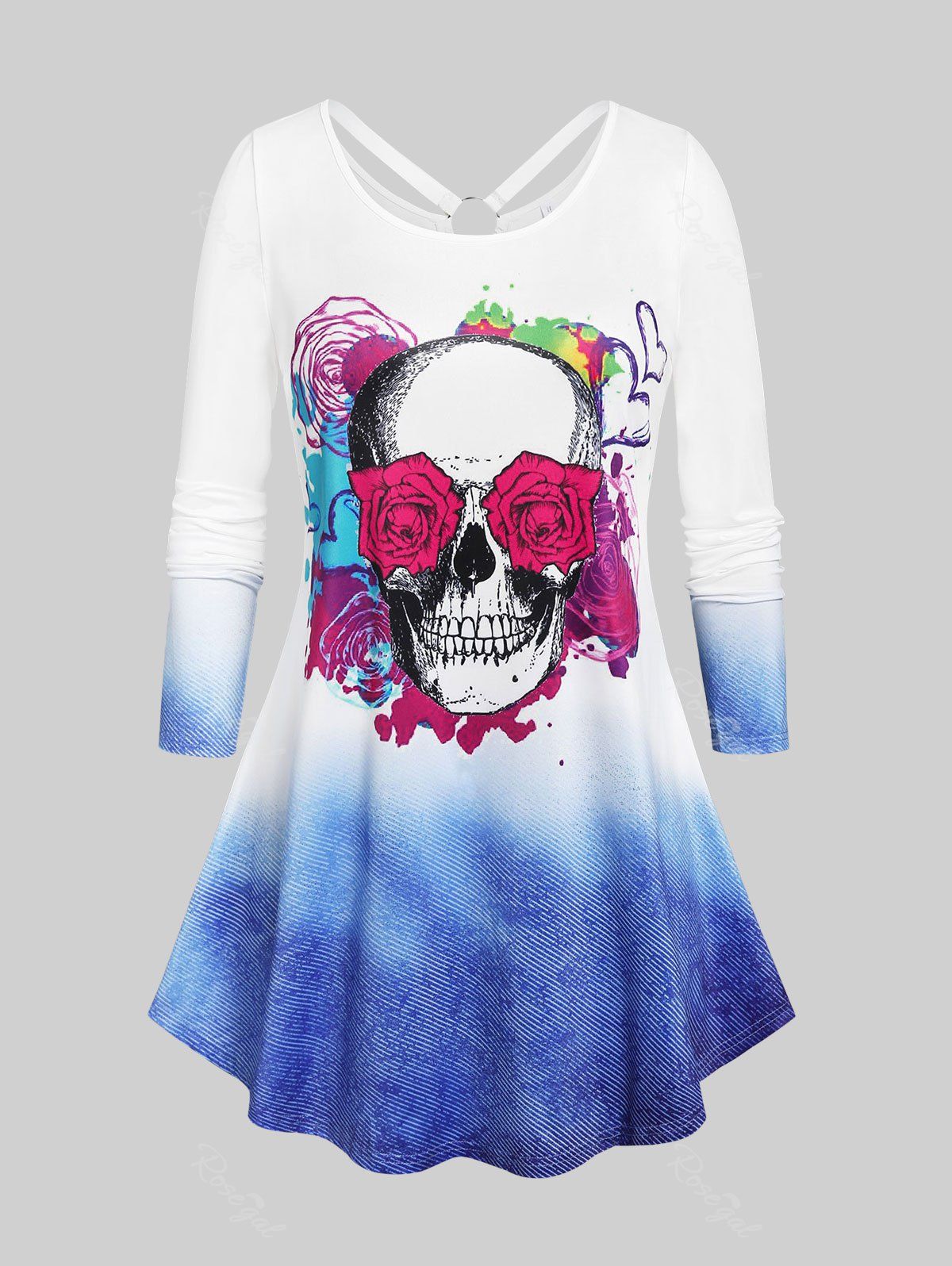 Cheap Plus Size Halloween Rose Skull Print Ombre Color Tee  