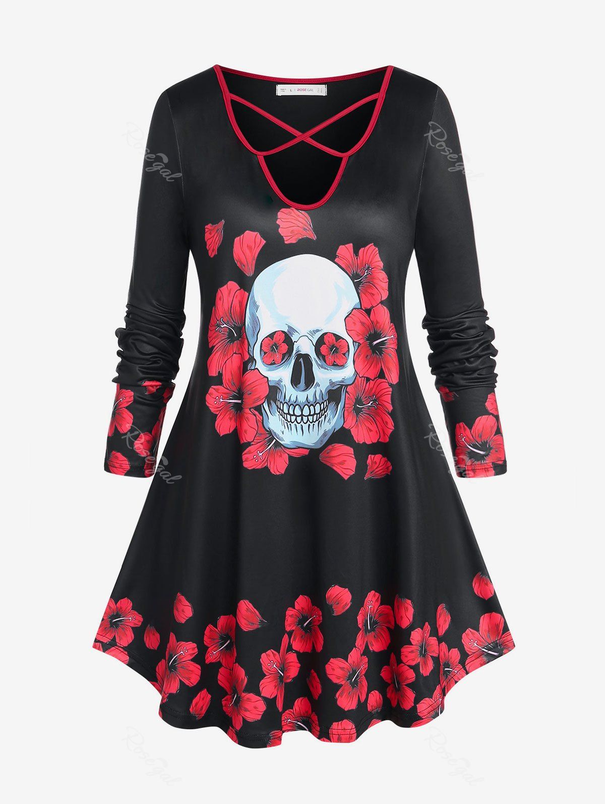 Store Plus Size Halloween Floral Skull Print Crisscross T-shirt  