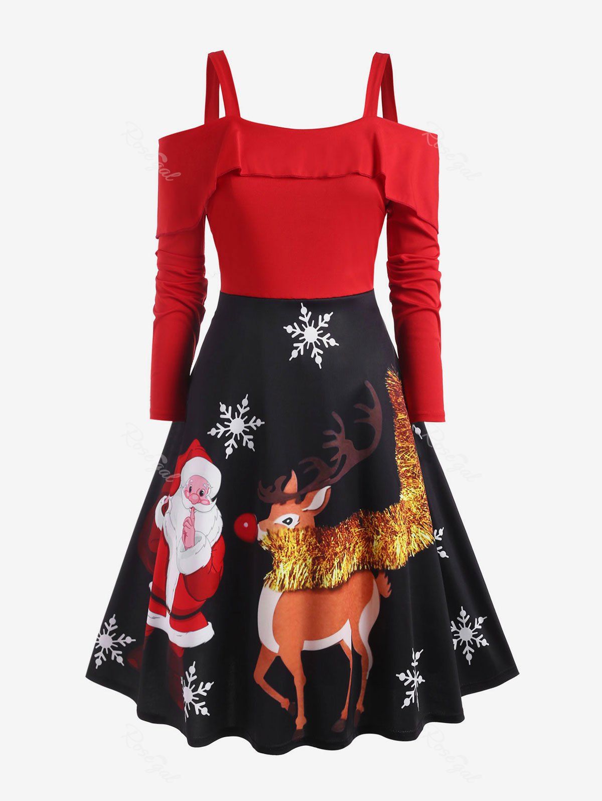 Fancy Plus Size Ruffle Cold Shoulder Christmas Printed Dress  