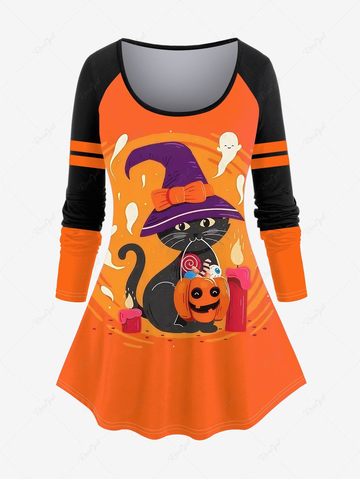 Fashion Halloween Raglan Sleeve Cat Pumpkin Print T-shirt  