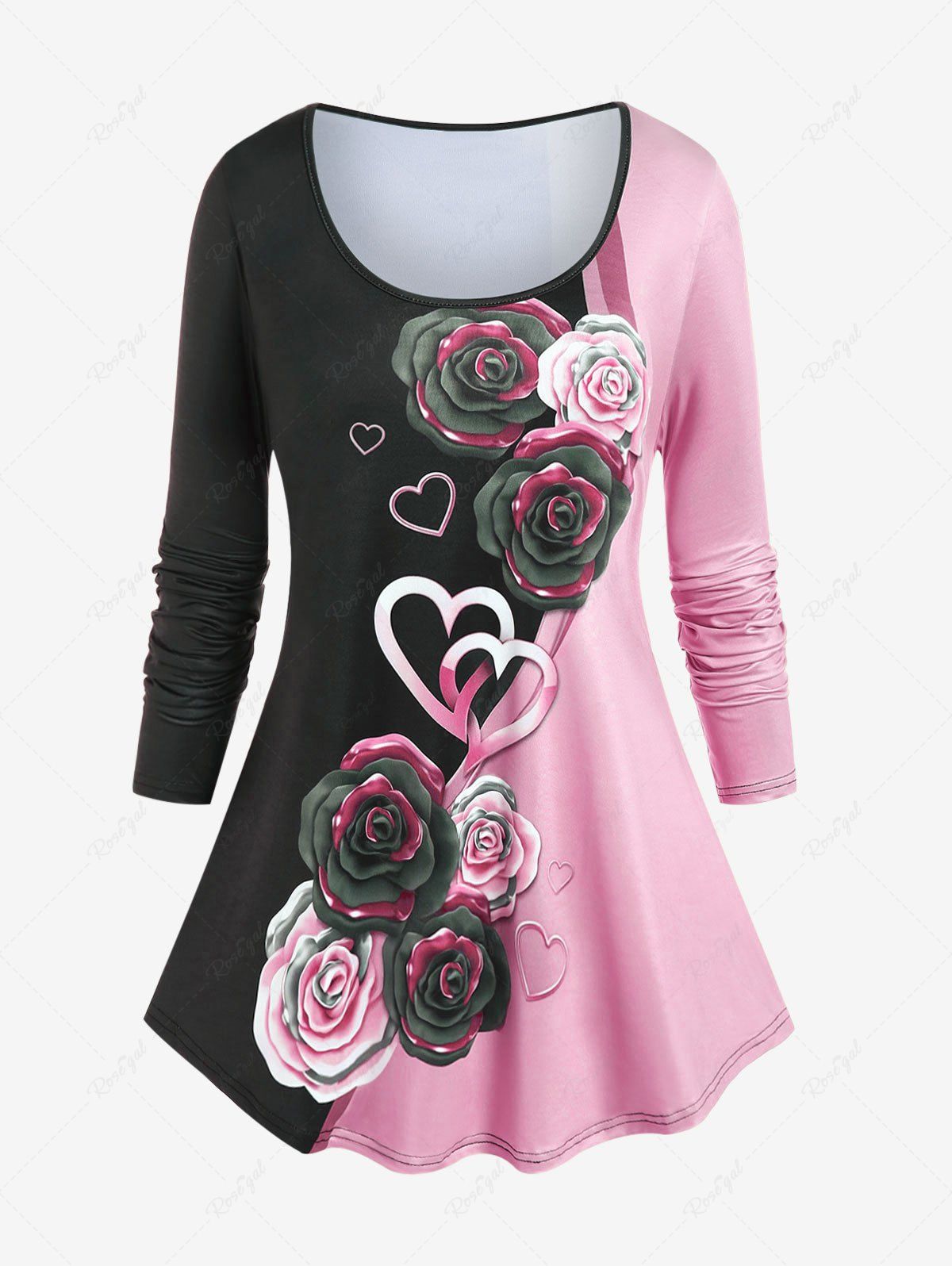 T-shirt à Imprimé Cœur Floral en Blocs de Couleurs Grande Taille Rose clair 2X | US 18-20