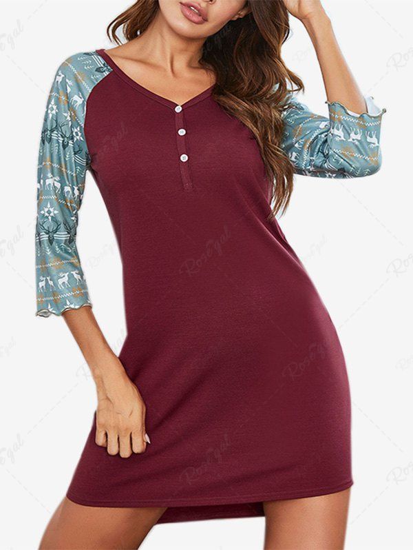 Chic Plus Size Christmas Elk Snowflake Printed Raglan Sleeves Asymmetric Sleep Dress  