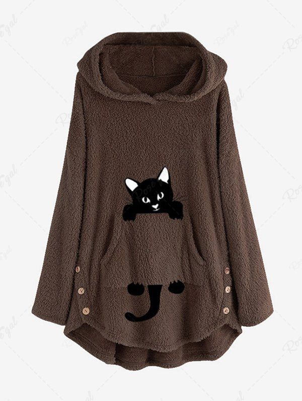 Chic Plus Size Cat Print Pockets High Low Fluffy Hoodie  