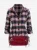 Plus Size Roll Up Sleeve Drawstring Plaid Shirt and Ruched Camisole Set -  