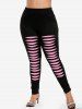 Plus Size 3D Ripped Printed Two Tone Leggings -  