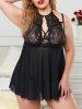 Plus Size Lace Panel Two Tone Cutout Backless Underwire Babydoll Set -  