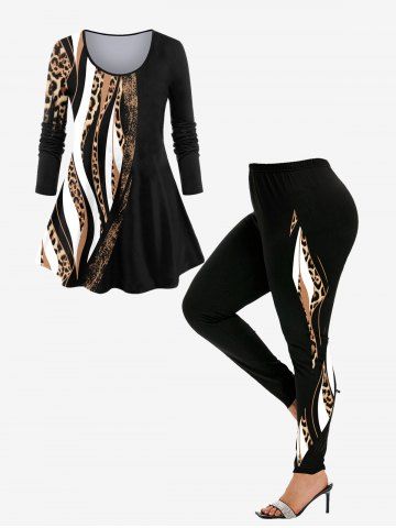 Leopard Panel Colorblock Long Sleeve T-shirt and Leggings Plus Size Matching Set