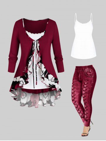 Flower Flounce Tunic Tie Blouse and Slim Cami Top Set and High Waisted 3D Printed Leggings Plus Size Outfit