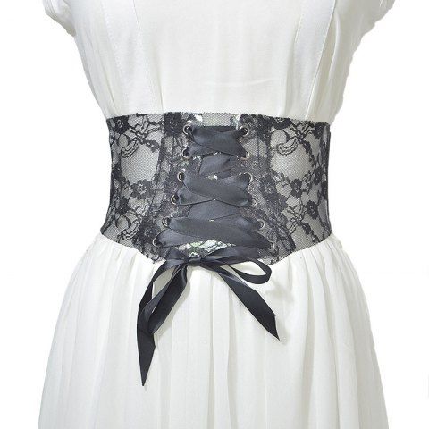 Rose Lace Overlay Lace-up Wide Corset Belt - BLACK