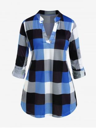 Plus Size Block Plaid Rolled Sleeve Blouse