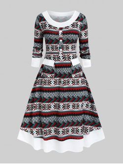 Plus Size Christmas Patterns Flap Pocket Midi Dress - LIGHT GRAY - 3X | US 22-24