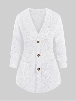 Plus Size Patch Pocket Fluffy Teddy Coat - WHITE - L