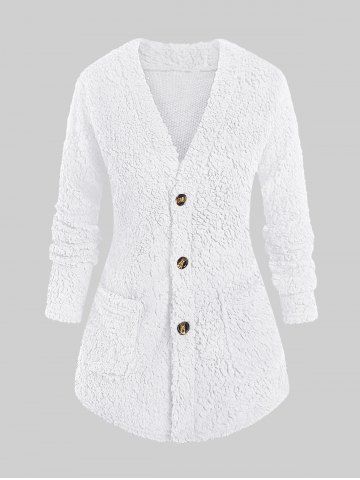 Plus Size Patch Pocket Fluffy Teddy Coat - WHITE - 4XL