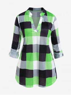 Plus Size Block Plaid Rolled Sleeve Blouse - GREEN - XL