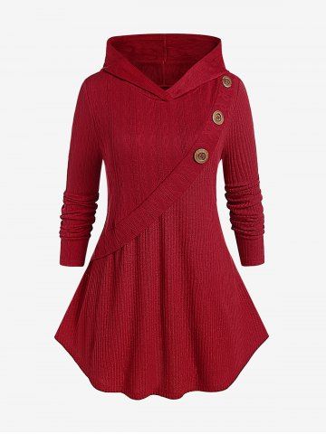 Plus Size Hooded Ribbed Knit Top - DEEP RED - L | US 12