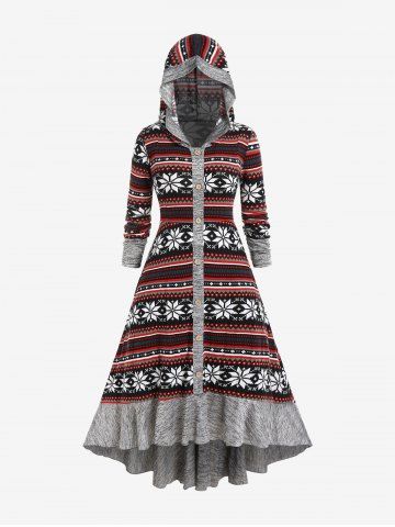 Plus Size Hooded Christmas Patterns Flounce High Low Knit Dress - BLACK - 4X | US 26-28